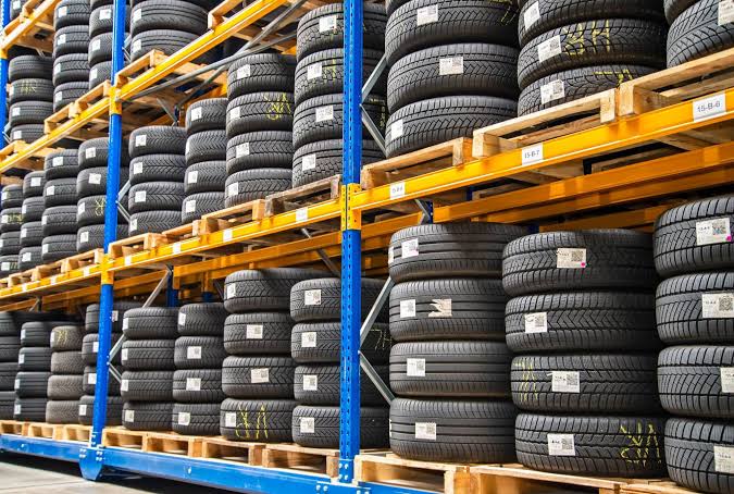 Rack of new tyres from the GBSS tyre portfolio